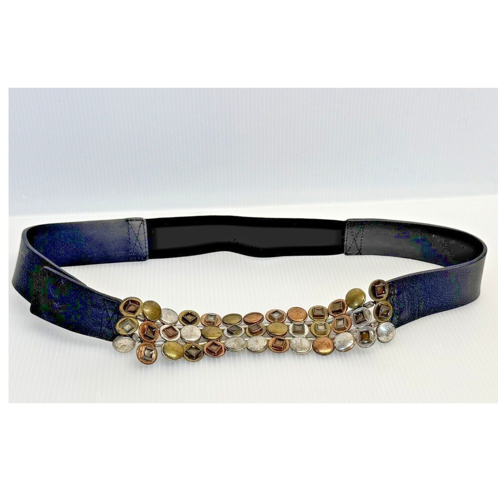 Chico's Medallion Belt Womens M Navy Blue Mixed Metal Studded Boho Cinch Leather